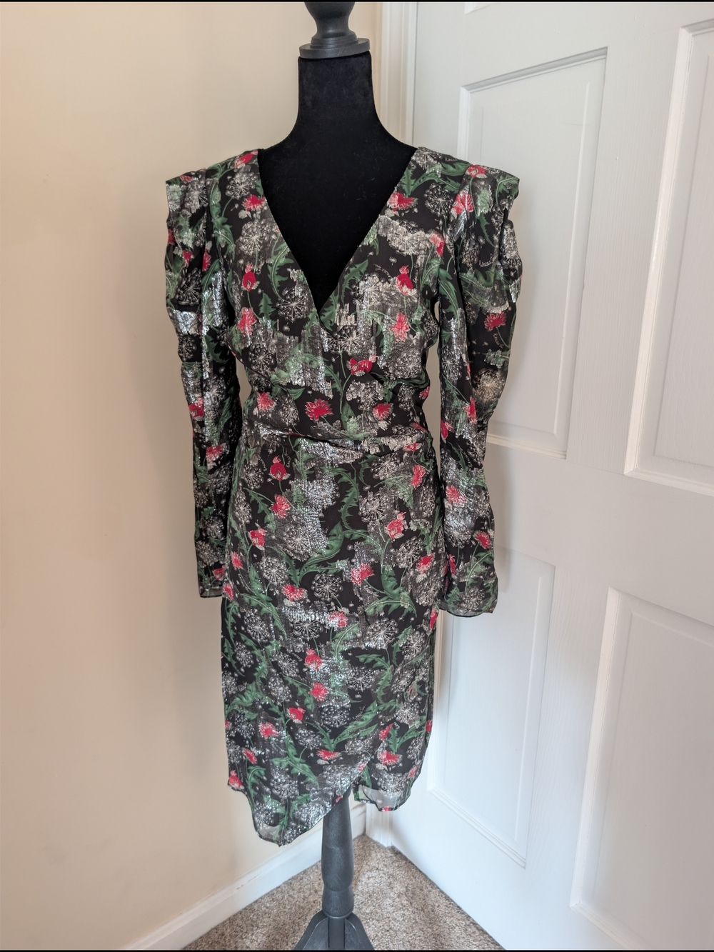 NWT Patrizia Pepe Silk Lurex "Rock Flower" Puff Shoulder Wrap Dress IT 40 / US 2